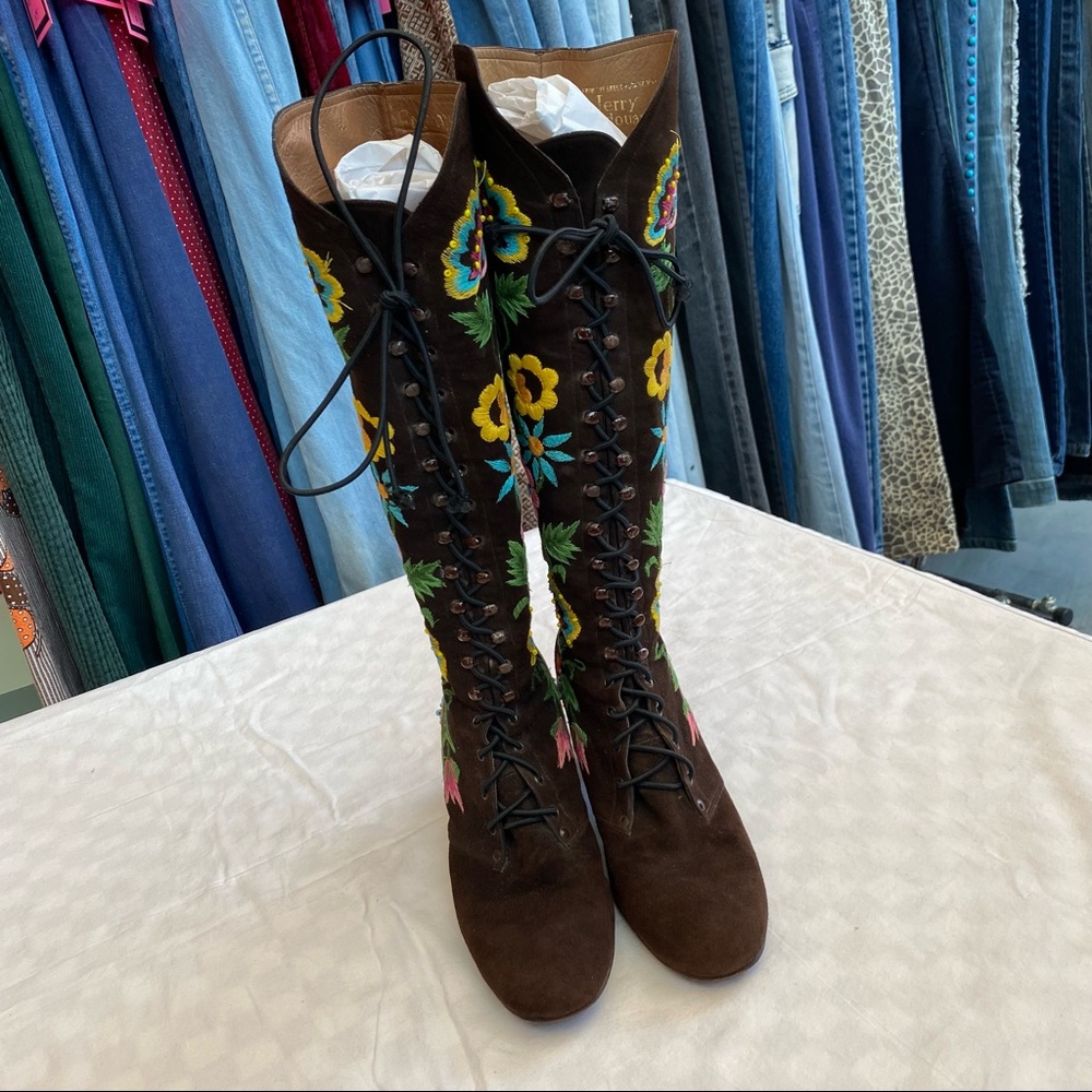 Vintage 70s Jerry Edouard Embroidered Knee High Lace Up Boots, 7B - Picture 3 of 16